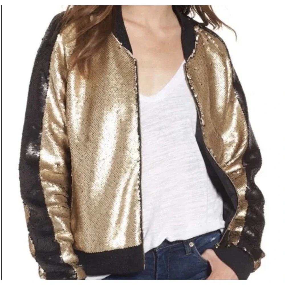 New Blank NYC Bomber Jacket Women's Size XS Gold Full Zip Sequin Holidays Bright